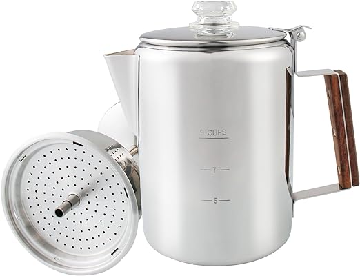 A silver coffee pot with lid and strainer.