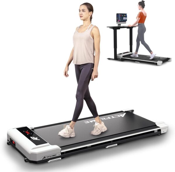 A person is walking on the treadmill while standing.