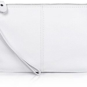 A white purse with a strap on the side.