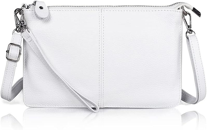 A white purse with a strap on the side.