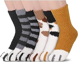 A set of six pairs of socks with cats feet on them.