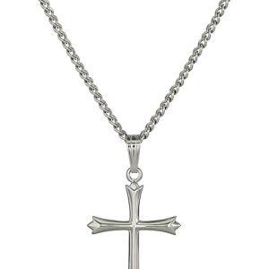 A cross necklace is shown on a chain.