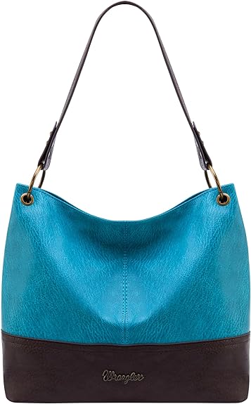 A blue bag with a black strap and gold hardware.