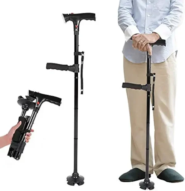 A man standing next to another person with a cane.