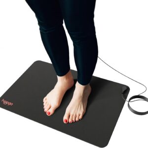 A person standing on the floor with their feet on a mat