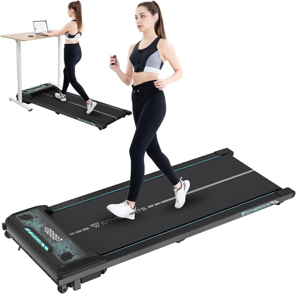 A woman is standing on the treadmill and running