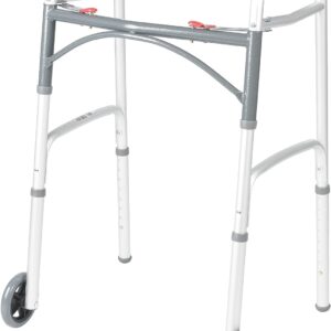 A walker with wheels and a handle for the user.