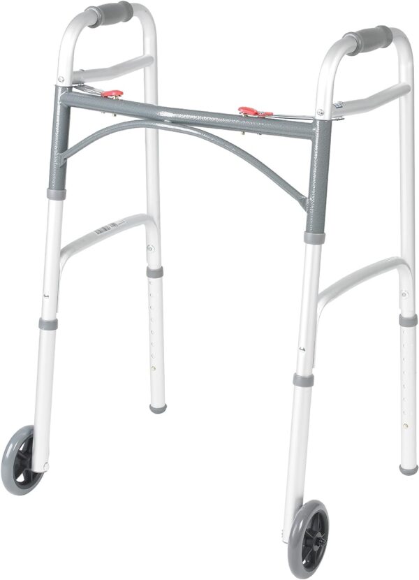 A walker with wheels and a handle for the user.