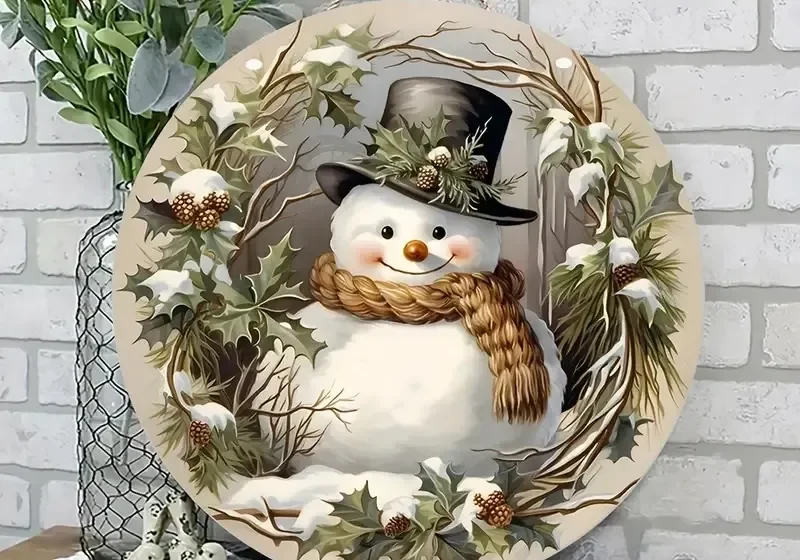 A snowman wreath with a black top hat and scarf.