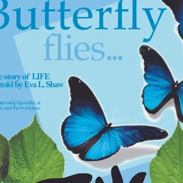 A book cover with blue butterflies and green leaves.